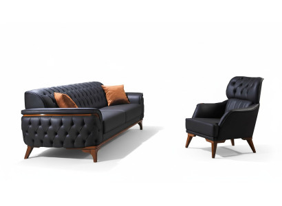 Melns Chesterfield dizainera komplekts luksusa ādas dīvāns dizainera krēsls