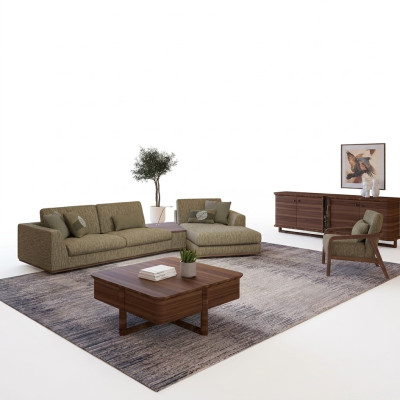 Dzīvojamā istaba komplektā 2 gab. stūra sofa L-formā, atpūtas mēbele un mūsdienīgs auduma krēsls.