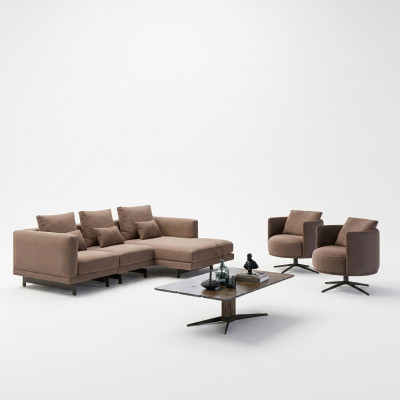Sofas komplekts - Luxus mēbeles, L-formas gultne, 2 krēsli, mēbeles no mīkstā materiāla, jauna galds.