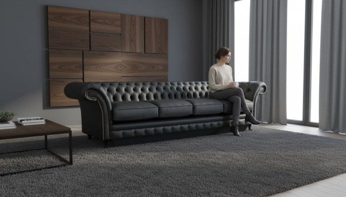 Dzīvojamā istaba Chesterfield melna dīvāns četrvieta moderna iekārtojums jauns