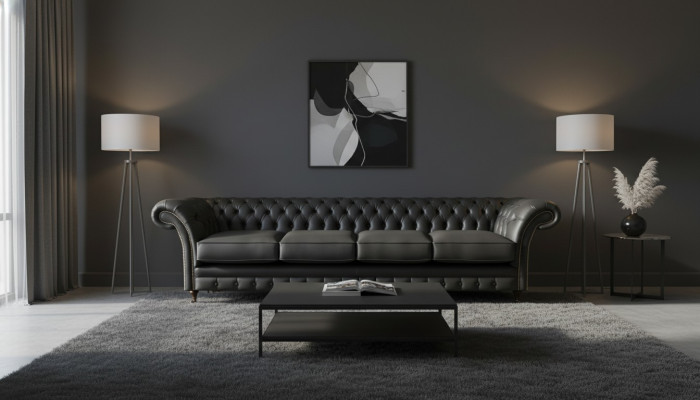 Dzīvojamā istaba Chesterfield melna dīvāns četrvieta moderna iekārtojums jauns