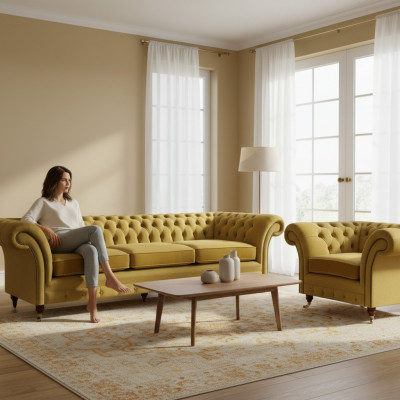 Chesterfield luksuss komplekts ar mēbelēm dīvāns trīs vietas ar krēslu dzīvojamā istabā.