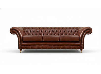 Trijvietīga dīvāna sofa Chesterfield mēbeles ar ādas atzveltni un polsterēšanu.