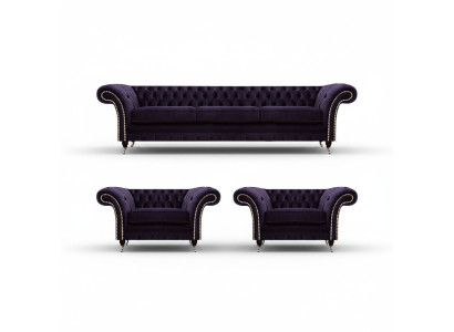 Dzīvojamās istabas luksusa komplekts 3 gabalu komplektā Lila Chesterfield mēbeles
