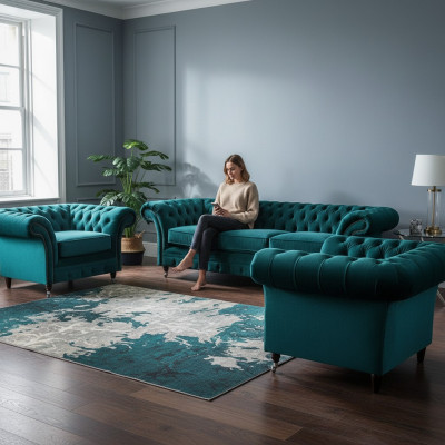 Zaļā sofa komplekts 3 gab. dzīvojamā istaba Chesterfield mēbeles luksusa dizains jauns