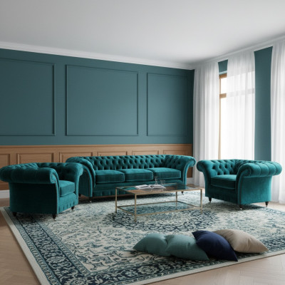 Zaļā sofa komplekts 3 gab. dzīvojamā istaba Chesterfield mēbeles luksusa dizains jauns