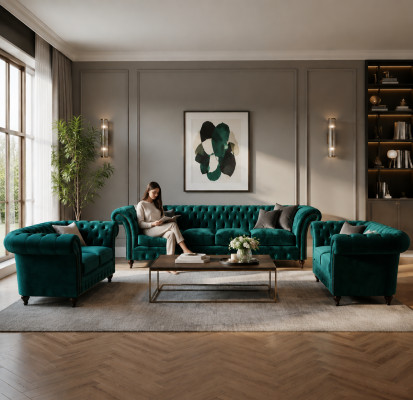 Luksusa komplekts 3 gab. Chesterfield dīvāngarnitūra, dizaina mēbeles.