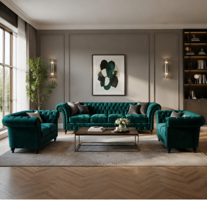 Luksusa komplekts 3 gab. Chesterfield dīvāngarnitūra, dizaina mēbeles.