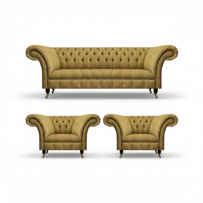 Dzeltens dzīvojamā istaba komplekts. 2 krēsli, "Chesterfield" dīvāns un 3-vietīgā gulta.