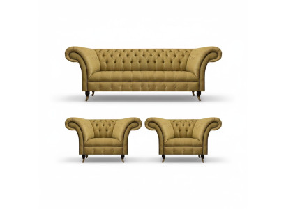 Dzeltens dzīvojamā istaba komplekts. 2 krēsli, "Chesterfield" dīvāns un 3-vietīgā gulta.