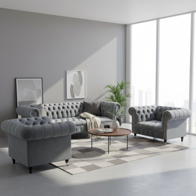 Pilna komplektu komplekta Chesterfield dīvāns 2 krēsli luksusa trīsvietīgs dīvāns jauns