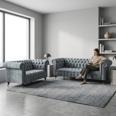 Dzīvojamā istaba Luksusa Pelēka Chesterfield krēsls Jauns Trīspersonu dīvāns Dīvāns