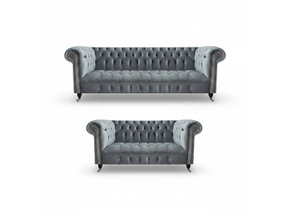 Dzīvojamā istaba Luksusa Pelēka Chesterfield krēsls Jauns Trīspersonu dīvāns Dīvāns