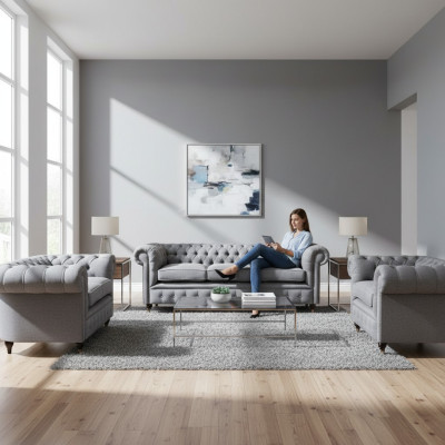Chesterfield dīvānu komplekts auduma mēbelēm Polster Couch Sofa komplekts 3 gab. Jaunais
