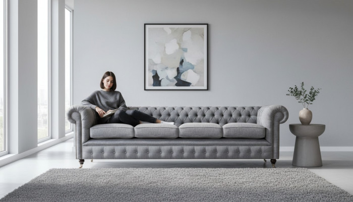 Chesterfield četvietīgā pelēka dīvāns gultā istabas iekārtošana Jauna tekstila apdare