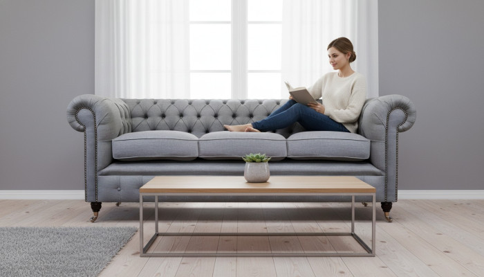 Pelēka Chesterfield dzīvojamā istaba Tekstila auduma interjers Luksusa trīsvietīgs dīvāns