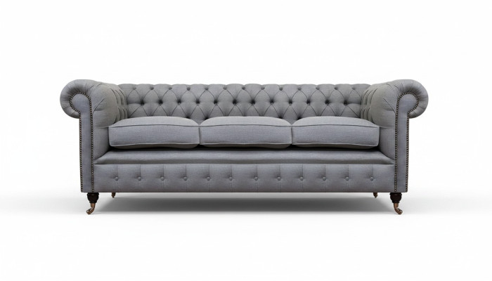 Pelēka Chesterfield dzīvojamā istaba Tekstila auduma interjers Luksusa trīsvietīgs dīvāns