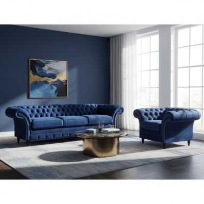Tekstilas Auduma Dizaina Sofa Polster Couch Zils Trīsvietīgs Sofa Krēsls Chesterfield