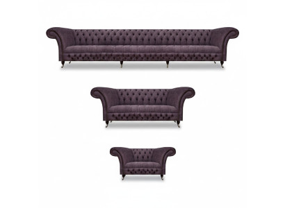 Luksusa dizaina dīvāngarnitūras komplekts 3 gabalus Chesterfield stila krāsā lillā mītņu istabas dīvāns.