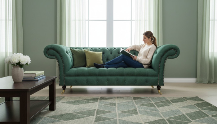 Luksusa trīsvietīgā dīvāna sofa Chesterfield dzīvojamajā istabā zaļā krāsā, jauns ar polsterētu sēdvietu.