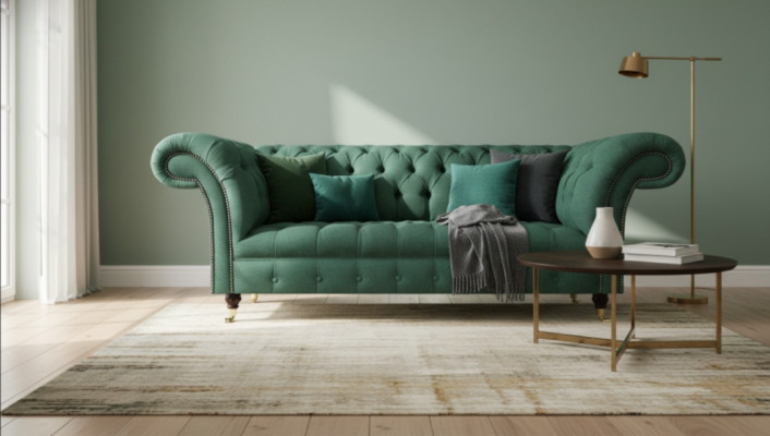Luksusa trīsvietīgā dīvāna sofa Chesterfield dzīvojamajā istabā zaļā krāsā, jauns ar polsterētu sēdvietu.