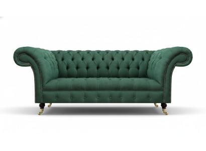 Luksusa trīsvietīgā dīvāna sofa Chesterfield dzīvojamajā istabā zaļā krāsā, jauns ar polsterētu sēdvietu.
