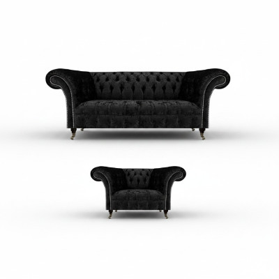 Melns Chesterfield līdz gala apsēstais mēbeļu komplekts - iekārta luksusa dzīvojamajai istabai.