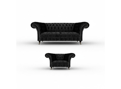 Melns Chesterfield līdz gala apsēstais mēbeļu komplekts - iekārta luksusa dzīvojamajai istabai.