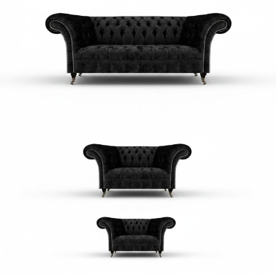 Luksusa melnā Chesterfield stila dīvānu komplekts ar jaunu dzīvojamo istabas krēslu.