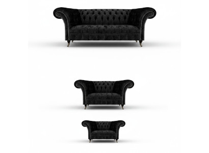 Luksusa melnā Chesterfield stila dīvānu komplekts ar jaunu dzīvojamo istabas krēslu.