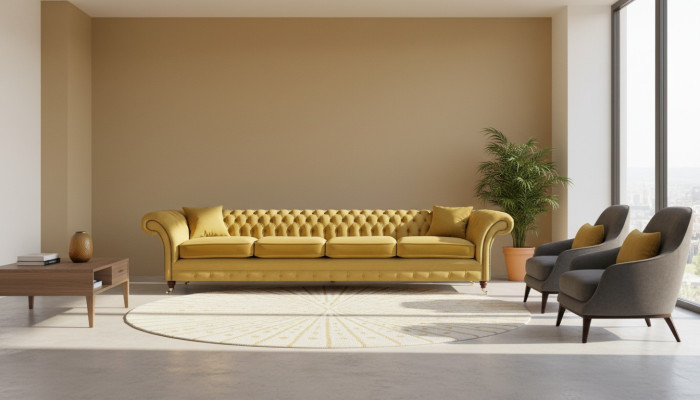 Dzīvojamā istaba Dzeltenā sofa Divguļamais dīvāns Chesterfield Polsterstuhls Iekārtojums