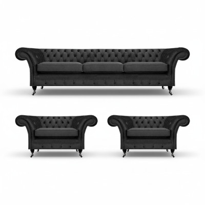 Chesterfield melna mēbeļu komplekts ar auduma apdari, 3 gab. Dīvāns un 2 krēsli, dzīvojamā istaba 3+1+1