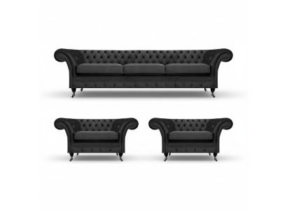 Chesterfield melna mēbeļu komplekts ar auduma apdari, 3 gab. Dīvāns un 2 krēsli, dzīvojamā istaba 3+1+1