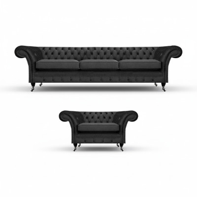 Dzīvojamā istaba Mēbelētas mēbeles Melna trīssēžu dīvāns 3+1 Krēsls Chesterfield