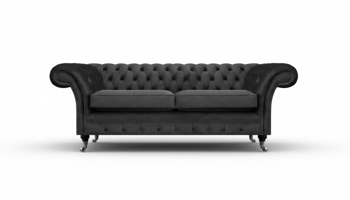 Luksusa melna divvietīga dīvāns no tekstila, Chesterfield stilā, dzīvojamā istaba.