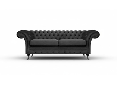 Luksusa melna divvietīga dīvāns no tekstila, Chesterfield stilā, dzīvojamā istaba.