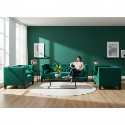 Luksusa zaļā Chesterfield dizaina komplekts 3 gab. dīvāni un galds dzīvojamā istabā 3+2+1