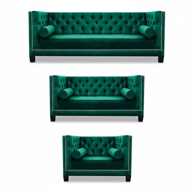 Luksusa zaļā Chesterfield dizaina komplekts 3 gab. dīvāni un galds dzīvojamā istabā 3+2+1