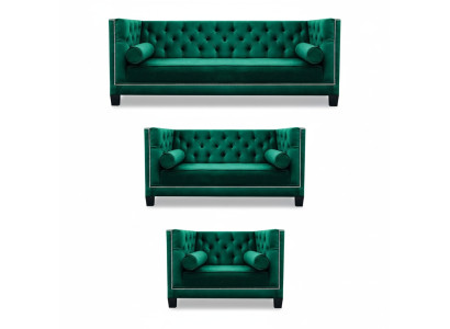 Luksusa zaļā Chesterfield dizaina komplekts 3 gab. dīvāni un galds dzīvojamā istabā 3+2+1