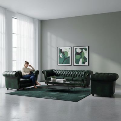 Luksusa ādas dīvāns Komplektā 3 gab. Dīvāns Chesterfield dzīvojamai istabai Krēsla 4+2+1