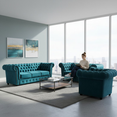 Sofagarnitūra Moderns Tekstils Krēsli 2x Sofas Chesterfield Dzīvojamā Istaba 3+2+1