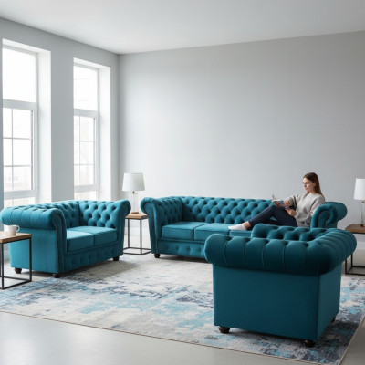 Zils Jauns Dīvānu Komplekts 3 gab. Moderns Tekstils Chesterfield Izvelkamajā Komplektā.requireNonNullisse laoreet.