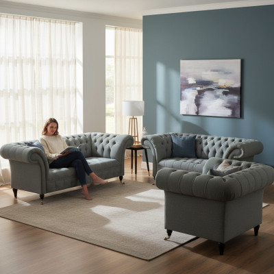 Chesterfield Pelēka Luksusa Dīvāngarnitūra 3 daļas Moderna Viesistaba Iekārtojums