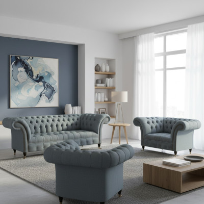 Chesterfield Pelēka Luksusa Dīvāngarnitūra 3 daļas Moderna Viesistaba Iekārtojums