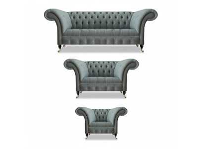 Chesterfield Pelēka Luksusa Dīvāngarnitūra 3 daļas Moderna Viesistaba Iekārtojums