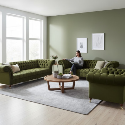 Chesterfield Zaļā Dīvānbloks Dzīvojamā istaba Luksusa Auduma Dīvāni Kopums Jauns