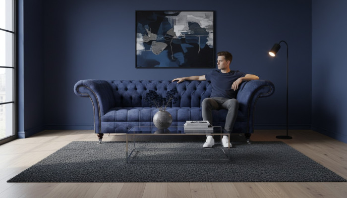 Tumši zils Chesterfield dīvāns Sēdvietas polsterdīvāni tekstila mēbeles