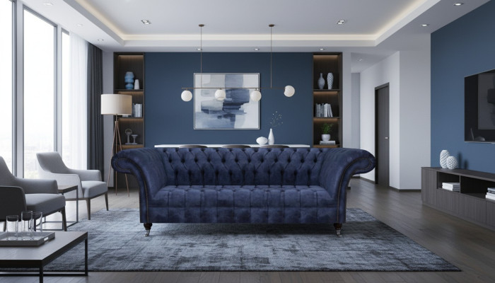 Tumši zils Chesterfield dīvāns Sēdvietas polsterdīvāni tekstila mēbeles