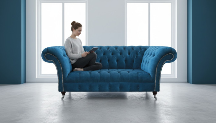 Zila Chesterfield Luxe dīvāns dzīvojamā istaba Tekstilasēdeži Vērtīgs trīsvietīgs