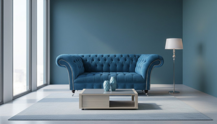 Zila Chesterfield Luxe dīvāns dzīvojamā istaba Tekstilasēdeži Vērtīgs trīsvietīgs